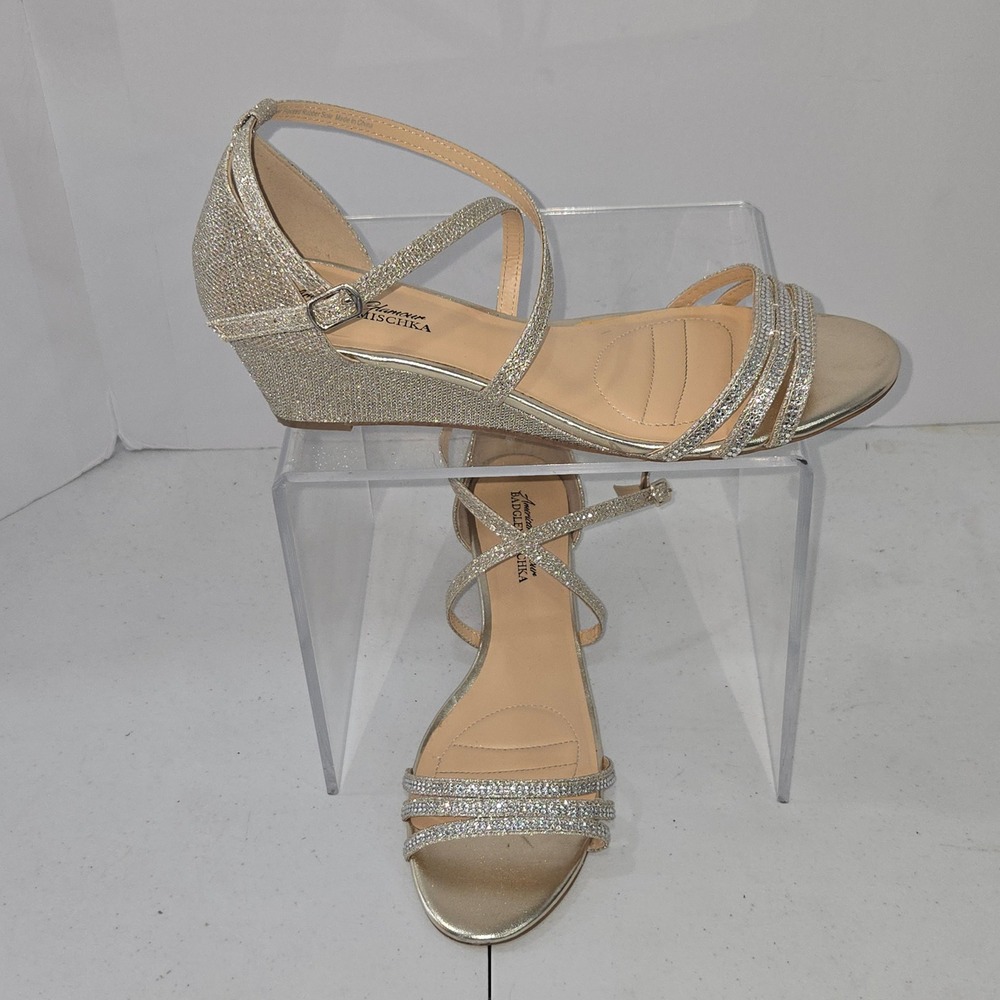 American Glamour Badgley Mischka Gold Glitter Wedge Sandals Straps 11